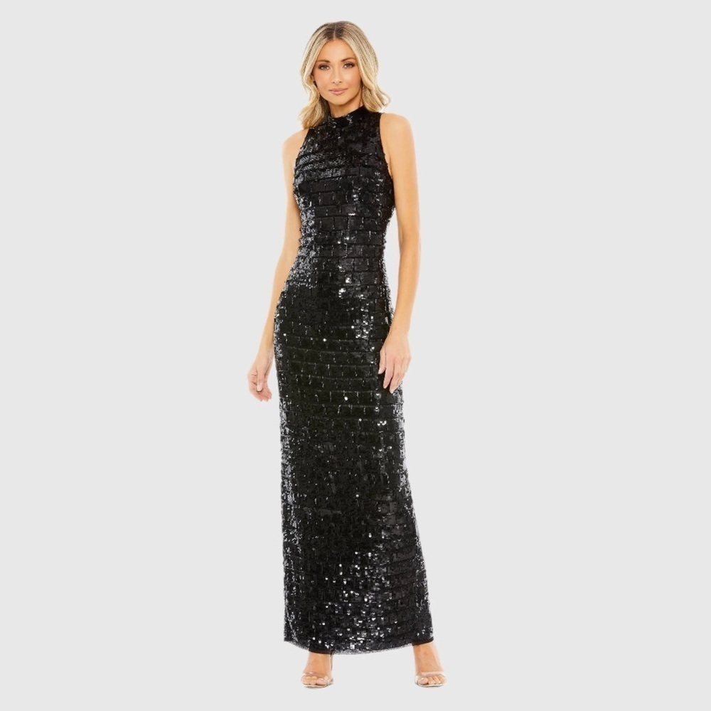 Mac Duggal 10907 NWT Sequined High Neck Sleeveless Column Gown